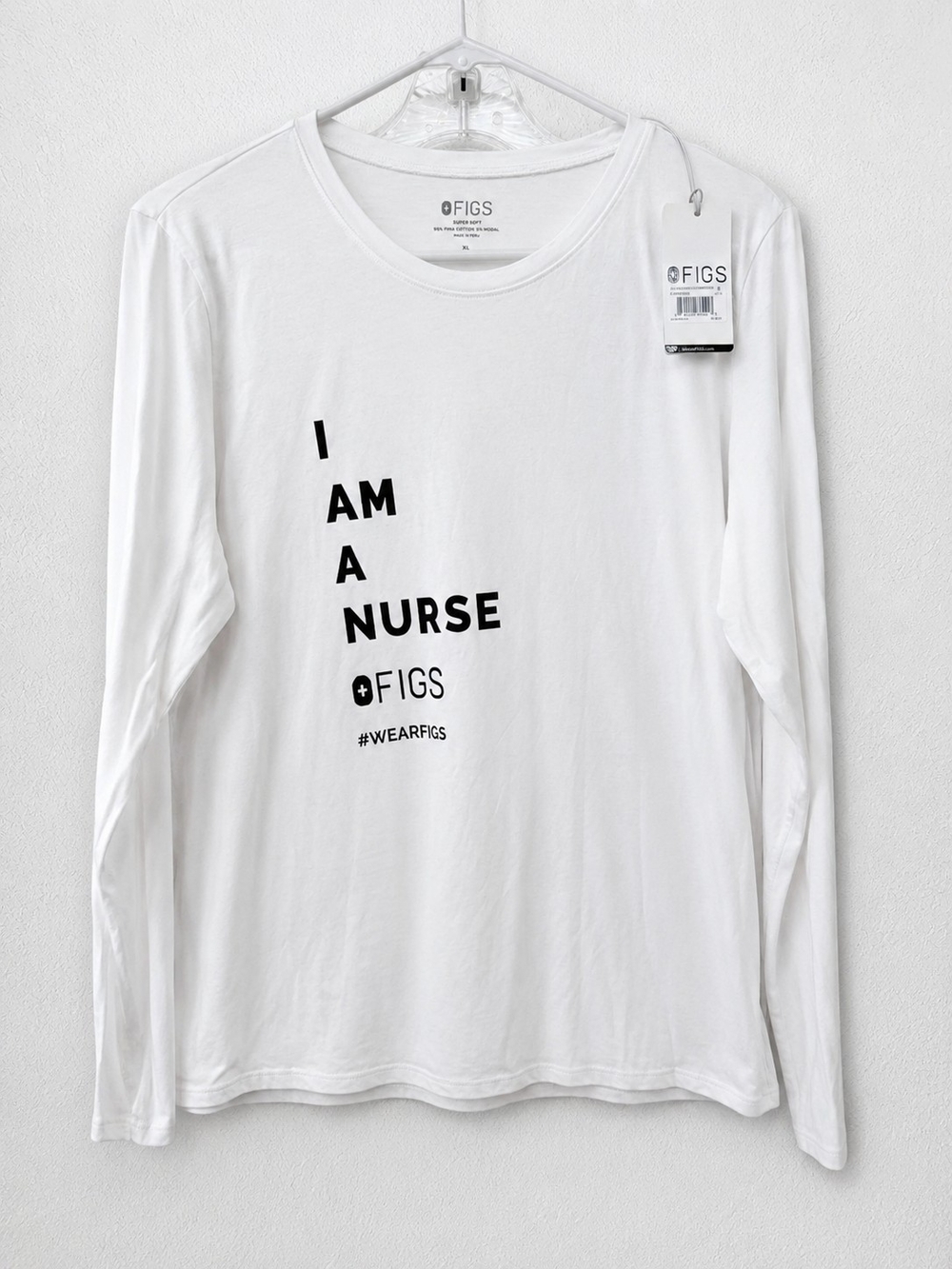 Figs White Long-Sleeve Tee with Black I AM A NURSE Graphic